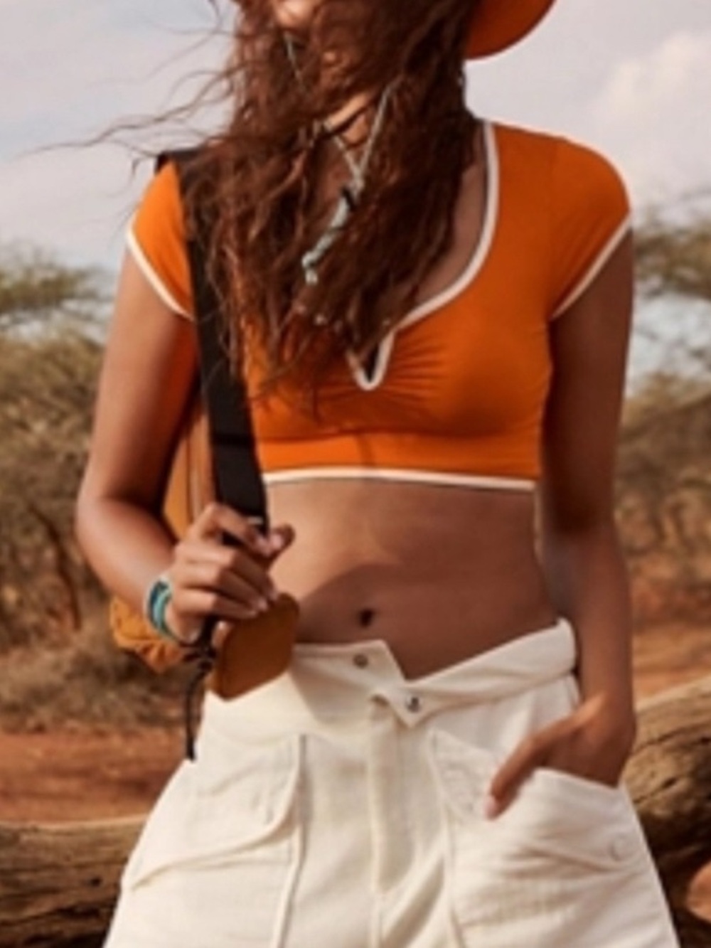 FP Movement by Free People Fitted Orange Cap Sleeve Crop with White Trim NWT - M
